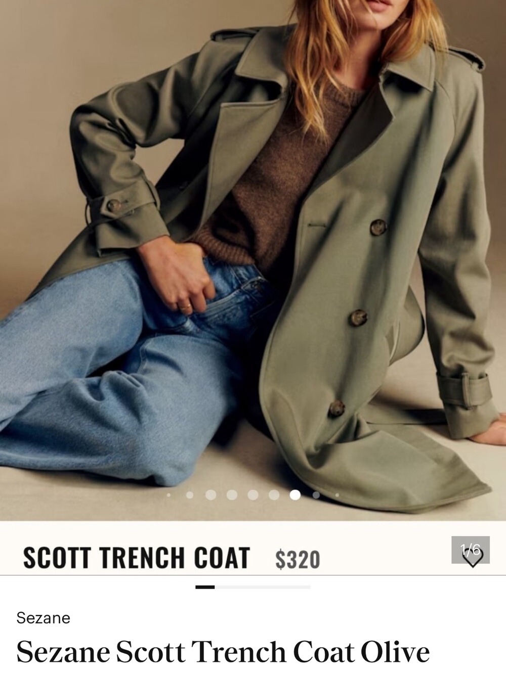 Sezane Scott Double-Breasted Trench Coat - Olive Green - size 42 (10-12)